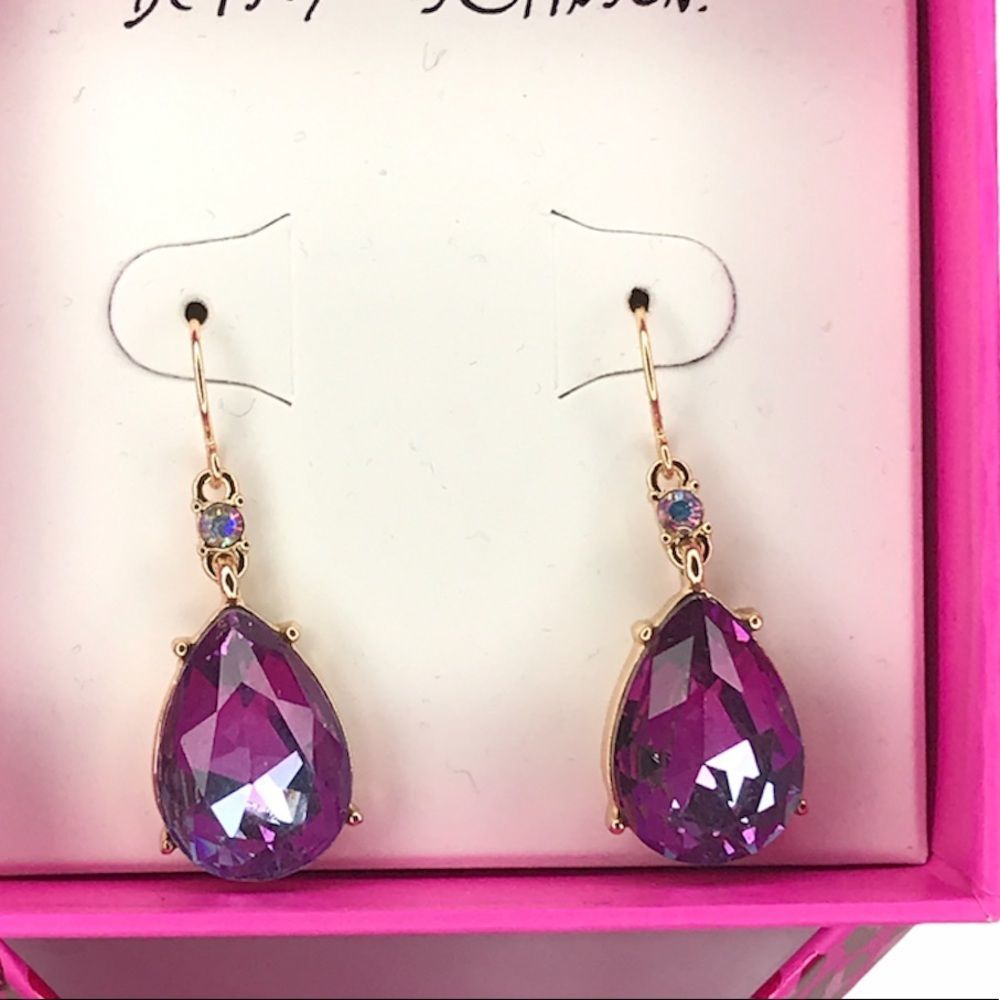 Betsey Johnson Tear Drop Stone Drop Earring Purple Gold Tone - Picture 4 of 5